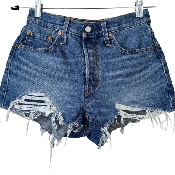 Levi's Medium Wash Button Fly Distressed Mid-Rise Cut-Off Denim Jean Shorts - Image 2