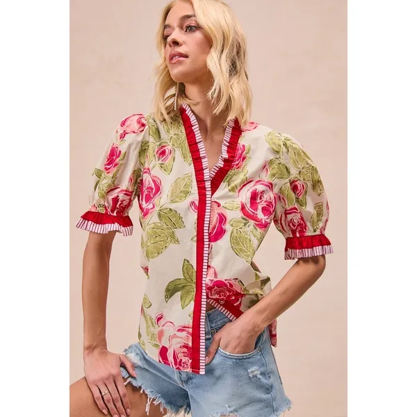 BiBi Floral Printed Woven Contrast Edge Ruffled Blouse‎ - Image 5