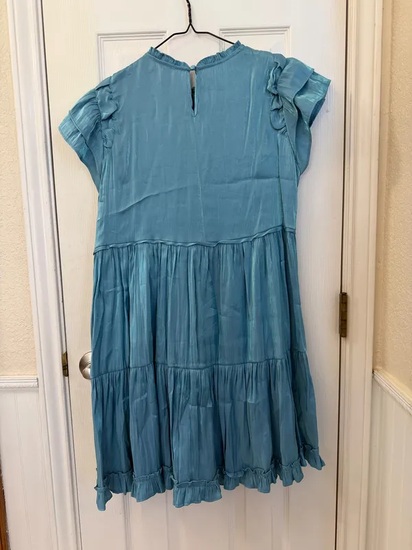 Umgee Blue Shimmer Ruffle Sleeve Tiered Dress - Image 4