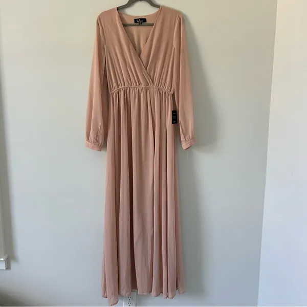 Lulu’s Wonderous Water Lilies Blush Pink Long Sleeve V Neck Maxi Dress NWT M - Image 2