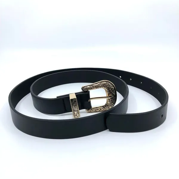 Y2K Coastal Cowgirl Black Gold Ornate Buckle Belt, 36–43.5 Inches, X7GA1136 - Image 4
