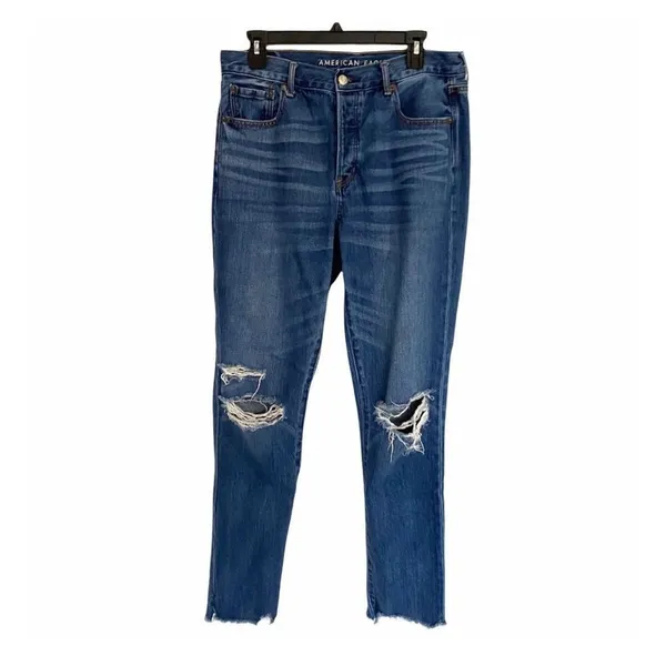 American Eagle hi-rise distressed, raw hem Girlfriend Jeans - Image 5