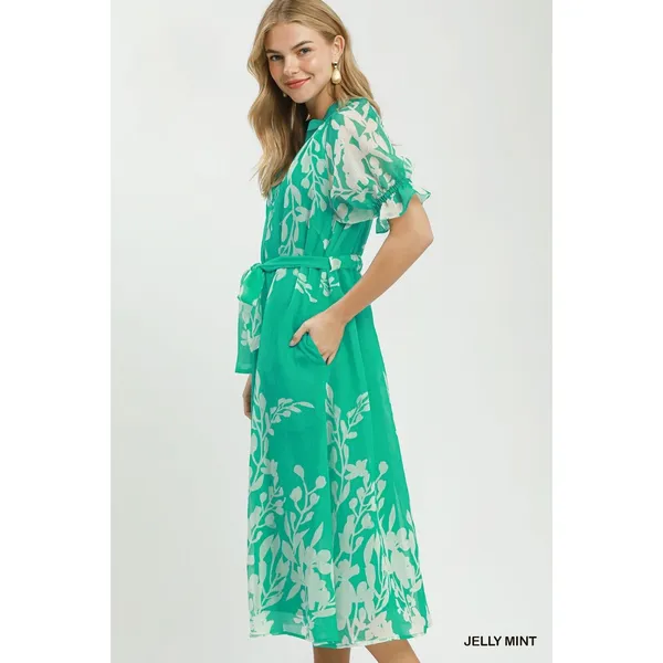 Umgee Floral Print Tie Waist Midi Dress with Side Pockets - Jelly Mint - Medium - Image 2