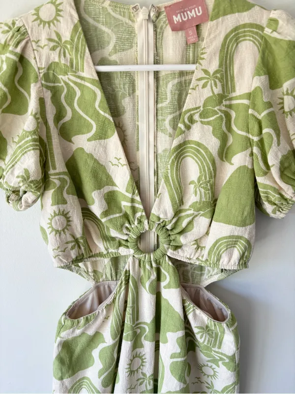 Show Me Your Mumu Jessa Mini Dress Green White Tropical Pattern Linen Blend - Image 4