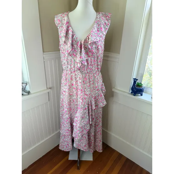 ELOQUII Floral Ruffle High-Low Maxi Dress Pink White Black Size 14 - Image 2