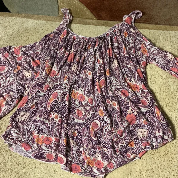 Free People Boho Cold Shoulder Blouse Womens Large Purple Paisley Bell Sleeve - Image 8