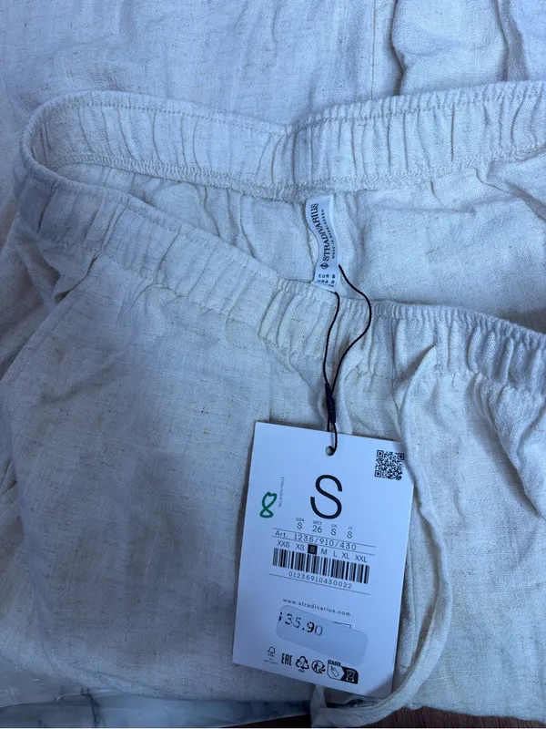 stradivarius Cream Wide Leg Linen Blend Pants pull on drawstring waist small NWT - Image 3