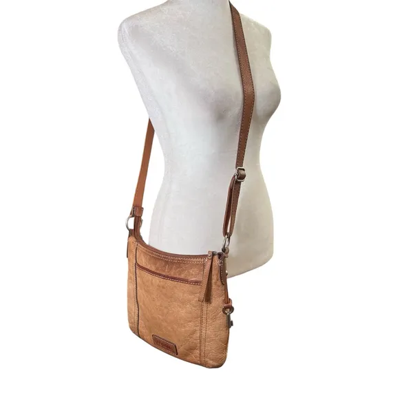 VTG FOSSIL Genuine Leather Brown Crossbody Bag Tan Satchel Zip-Top Key Charm Y2K - Image 9