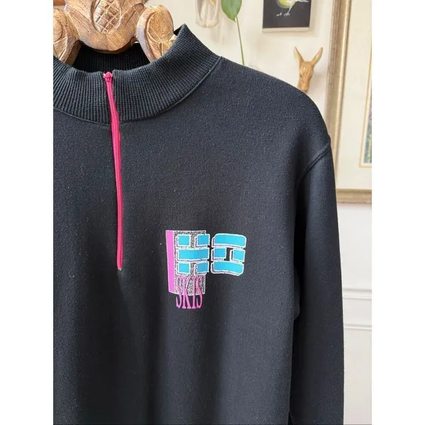 Vintage 80s 90s Ho Skis 1/4 Zip Tunic Sweatshirt Black Neon Pink Blue L - Image 2
