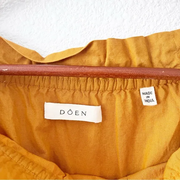 DOEN Miro Golden Hour Mustard Smocked Neck Waist Tie Boho Cottagecore Mini Dress - Image 4