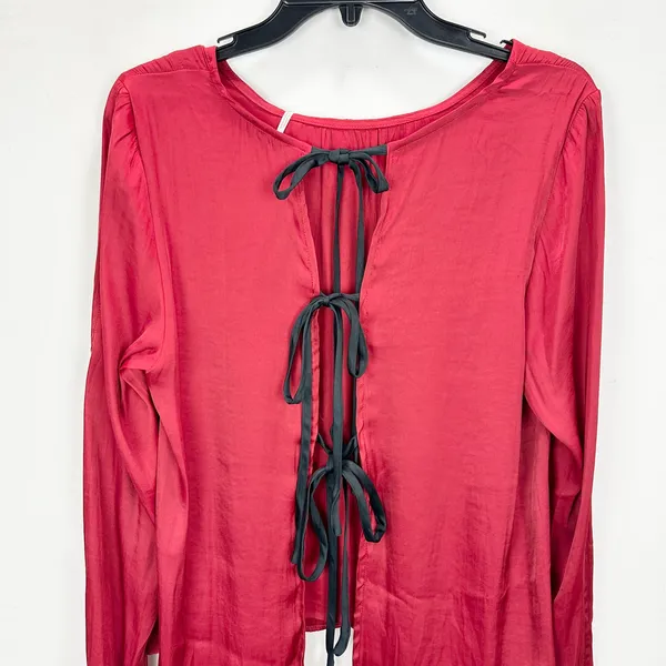 Free People Arabella Blouse Rubies Red Satin Long Sleeve Bow Back Medium NWT - Image 6