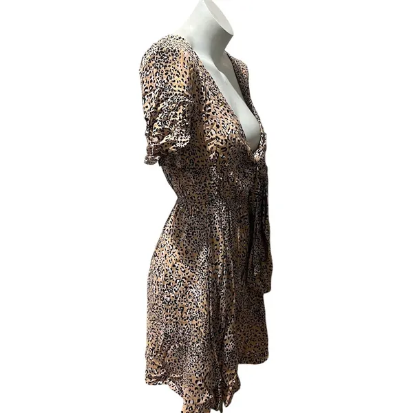 By Together Mini Dress Womens M Beige Leopard Print Tie-Front V-Neck - Image 4