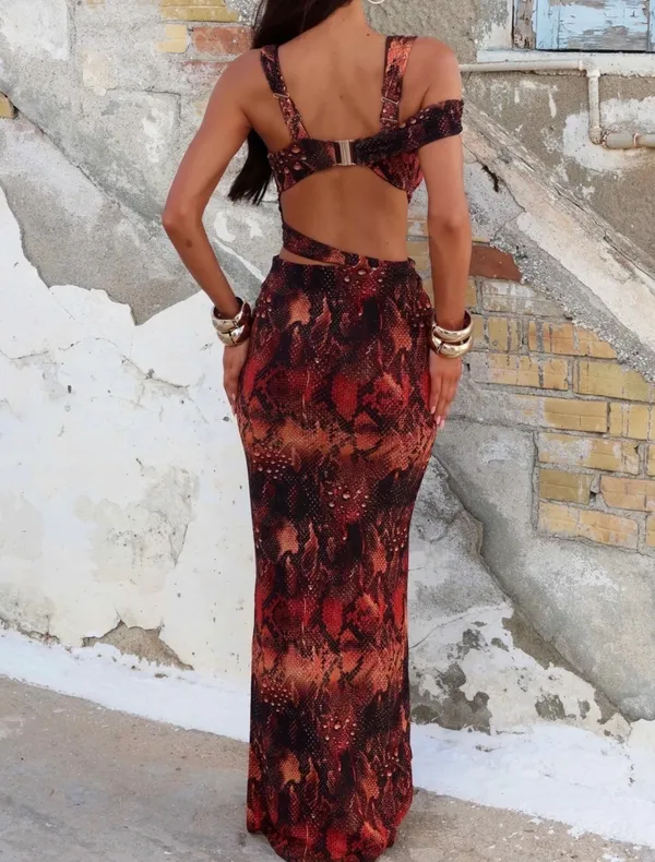 Red and black snake print maxi dress with cut out detail #snakeprint #cutout #beach #festival #club - Image 6