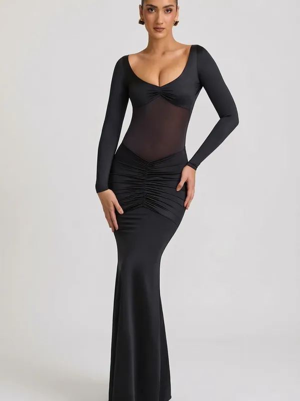 Oh Polly Alila Bow-Detail Ruched Maxi Dress in Black - Image 3