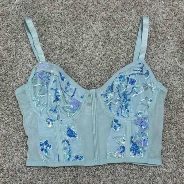 IHeartRaves Aqua Sequin Floral Embroidered Mesh Bustier Crop Top Size XS - Image 2