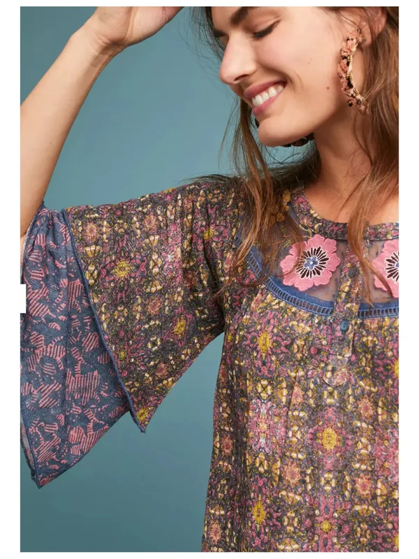Anthropologie Postmark Embroidered Henley Top Women's M Boho Chic‎ - Image 7
