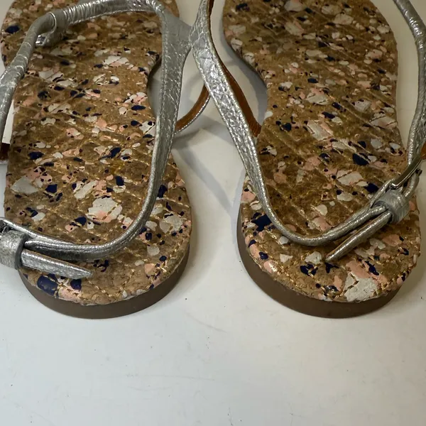 TORY BURCH Marion Confetti Cork T-Strap Silver Metallic Leather Thong Sandal 7.5 - Image 9