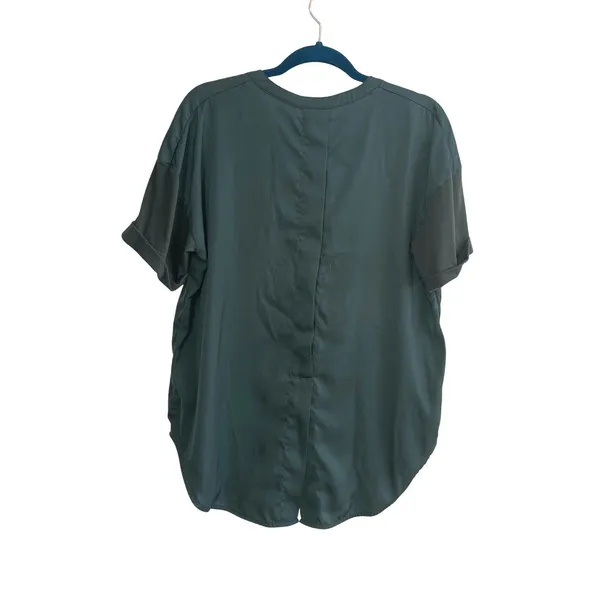 Lysse Mixed Media V-Neck Top Women S Teal Green Workwear Minimalist Short Sleeve - Image 5