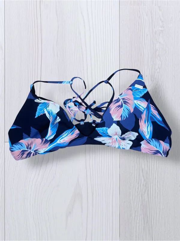 ROXY Women’s Tropical Floral Bikini Top Navy Blue Pink Bralette Criss Cross Back - Image 6