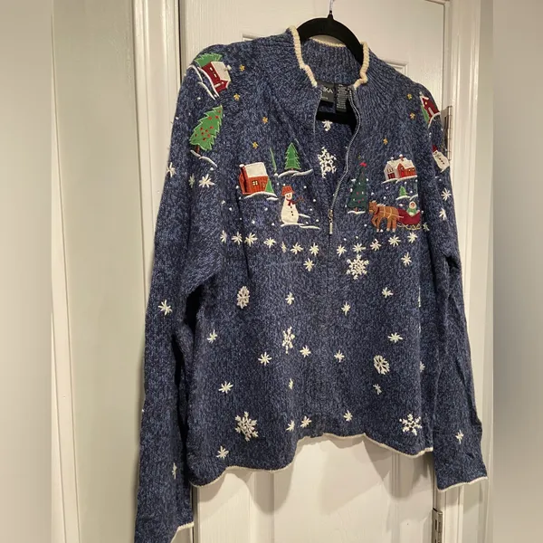VTG Erika Size PXL Christmas Cardigan Sweater Zip Front Snowman Winter Cotton - Image 3