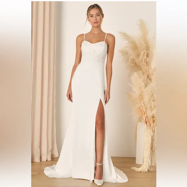 Lulus Elevated Glamour White Satin Sequin Bustier Mermaid Maxi Wedding Dress - Image 2