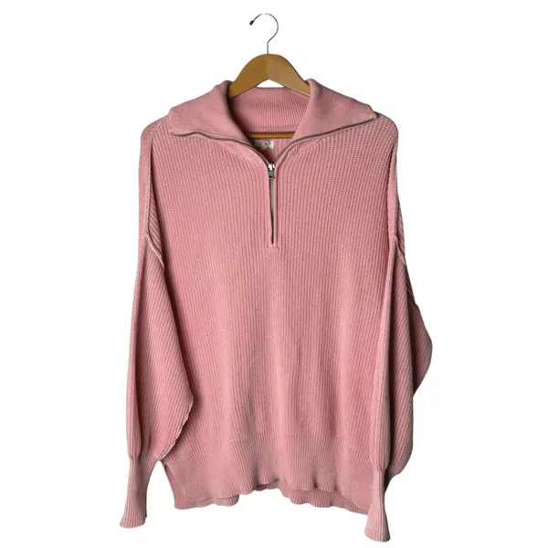 Aerie Beyond Quarter Zip Sweater‎ Women XS Pink Cotton Shaker Knit Pullover - Image 2