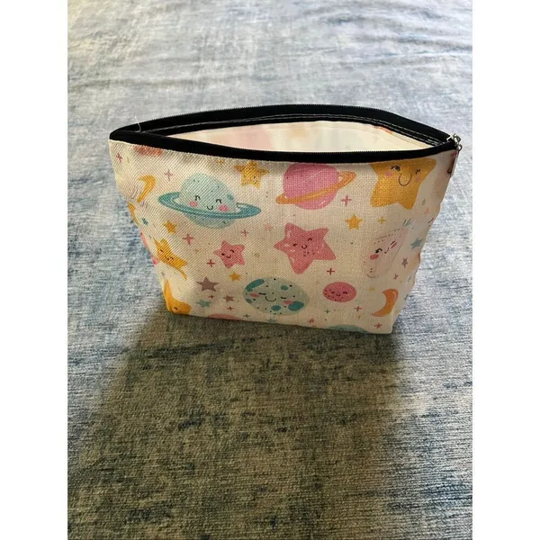 Blue Pink Star Moon Planet Cotton Canvas Small Makeup Bag Travel Toiletry Pouch - Image 4