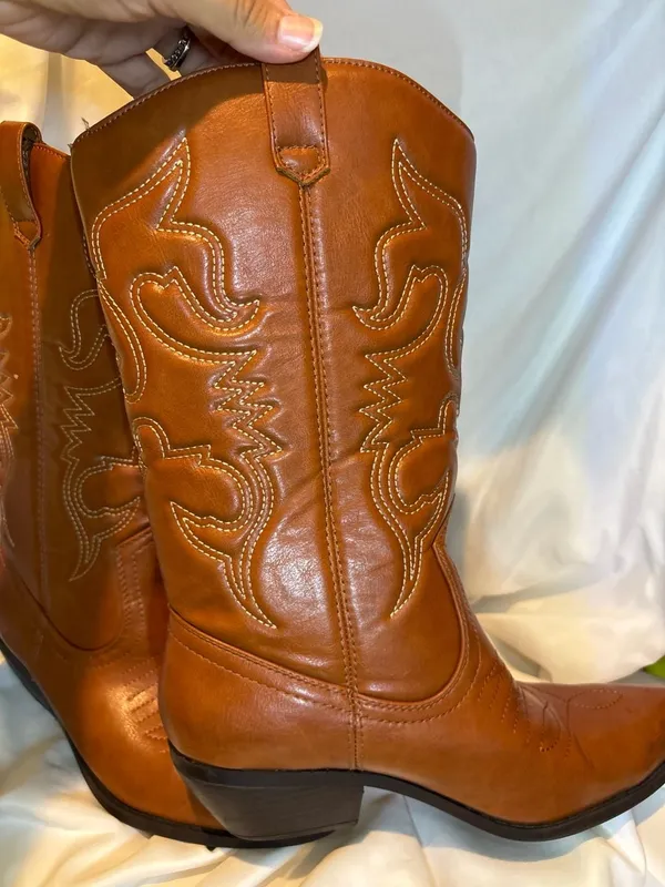 Soda Reno Cognac Tan Women's Western Cowboy Boots, Pointy Toe, Stitched Design - Image 4