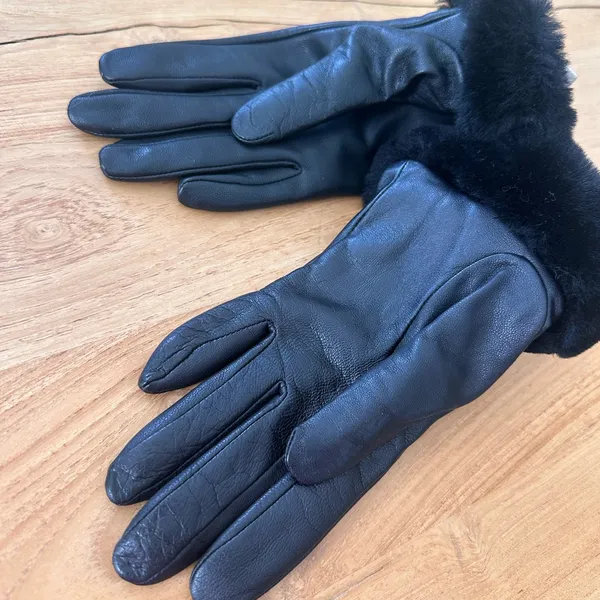UGG Black Leather Gloves with Fur Trim - Image 2