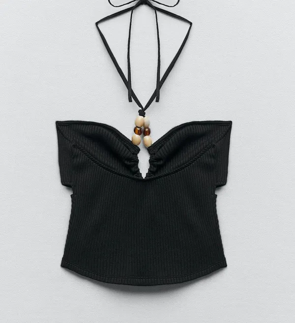 ZARA Black Ribbed Cut Out Crop Top With Beads - Image 9