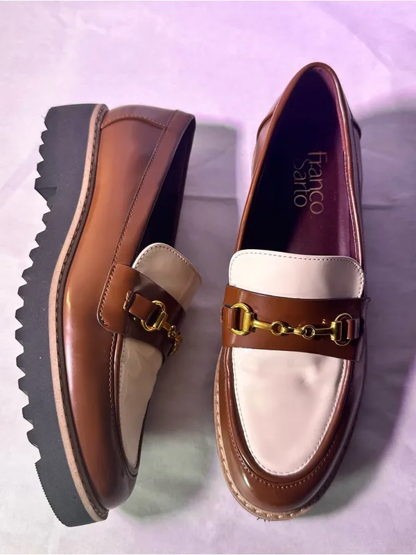 Franco Sarto Brown and Cream Leather Two-Tone Loafer with Gold Chain - Image 5
