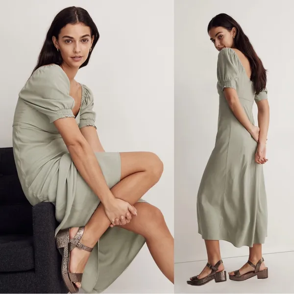 Madewell • Sweetheart Puff-Sleeve Midi Dress in Frosted Sage green bias cut - Image 9