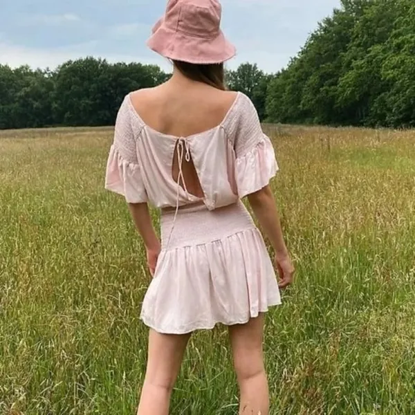 Free‎ People Sam Light Pink Smocked Short Sleeve Mini Dress S - Image 2