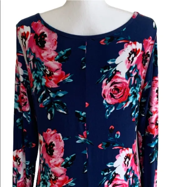 Dearcase Dress Blue Pink Floral Jersey Long Sleeve V-Neck Swing Dress Large NEW - Image 7