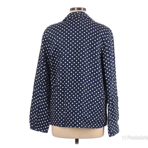 L’ACADEMIE Polka‎ Dot Linen Blazer Medium Navy Blue White Boyfriend Open Front - Image 3