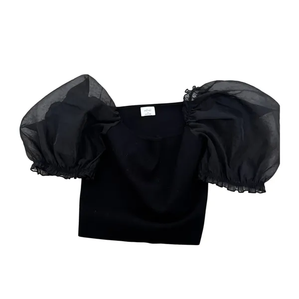 Wilfred‎ Aritzia Black Organza Puff Sleeve Square Neck Knit Top M - Image 2