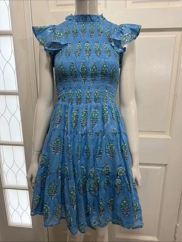 OLIPHANT 100% Cotton Smocked Flirty Ruffle Blue Block Print | Size Small - Image 3