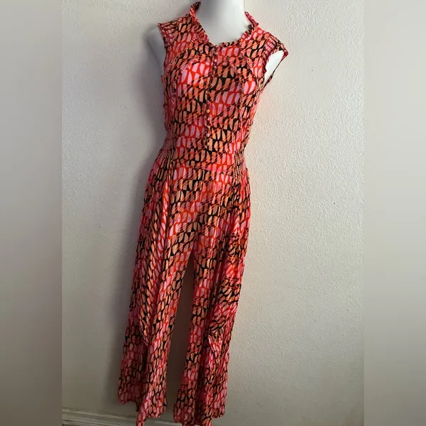 Free People Sahara Jumpsuit In Orange/Pink Abstract Print Wide Leg Boho Gypsy S - Image 4