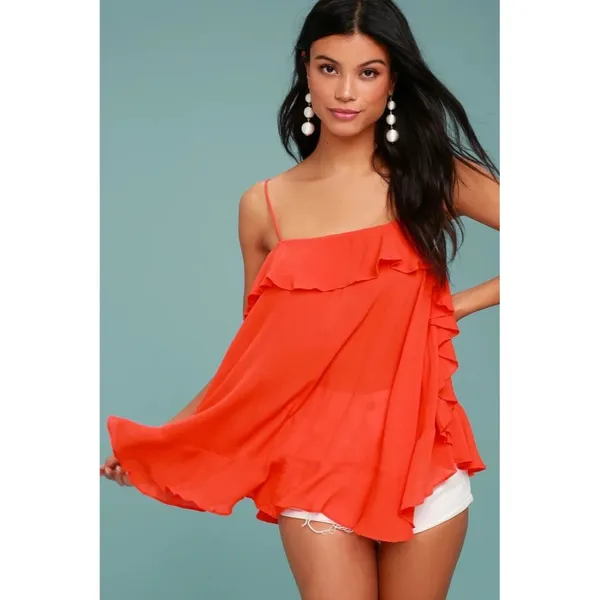Free People Cascades Ruffle Cami Size XS Coral Red Orange Flowy - Image 9