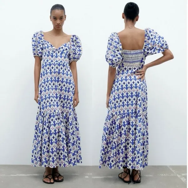 Zara Blue White Printed Short Puff Sleeve Smocked V-Neck Midi A-line Dress Sz L - Image 2