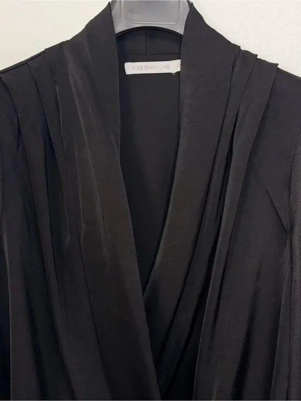 Miss Sparkling Black Satin Surplice Wrap Blouse Draped Long Sleeve Elegant Top - Image 4
