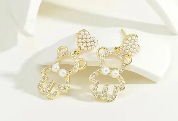 Rhinestone And Faux Pearl Decor Gold Plated Bear Drop Earrings Faux Fashion Jewe - Image 3