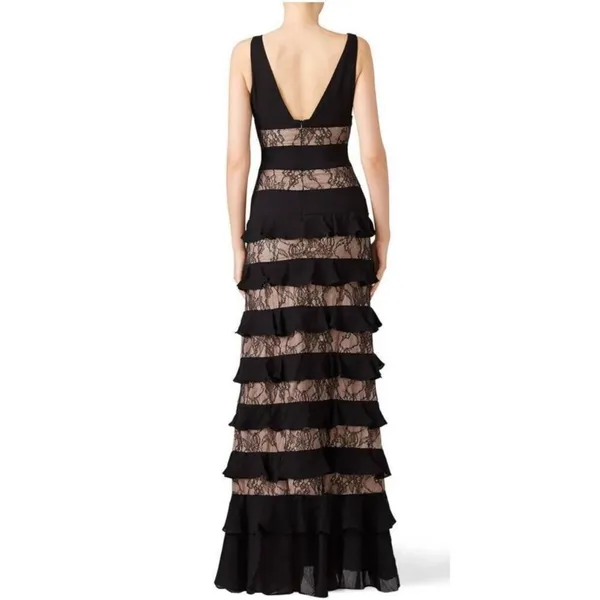 ML Monique Lhuillier Black Lace Panel Tiered sleeveless Formal Gown Dress 10 - Image 3