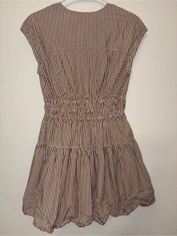 Nicole Miller Brown White Striped V-Neck Tiered Romper Dress Cap Sleeve Smocked - Image 2