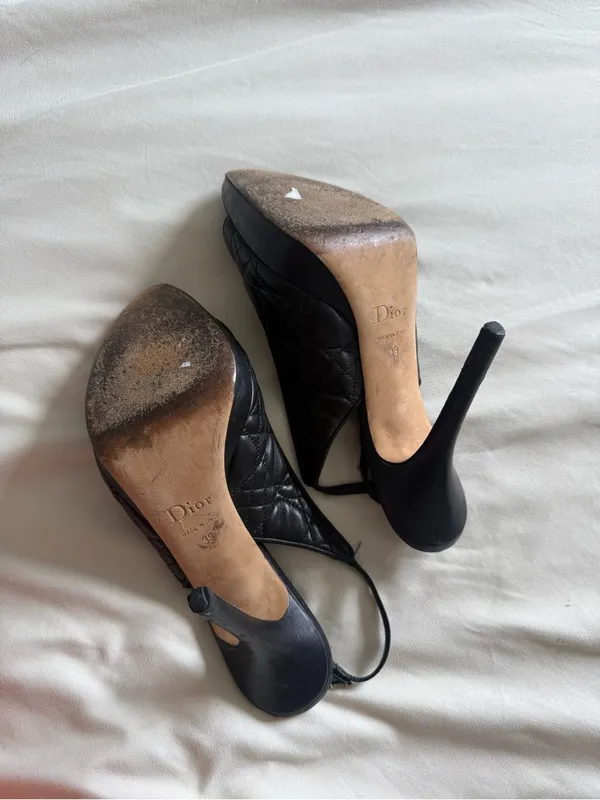 Dior | Navy Quilted Open-Toe Slingback Heels with D Charm | 39 - Image 8