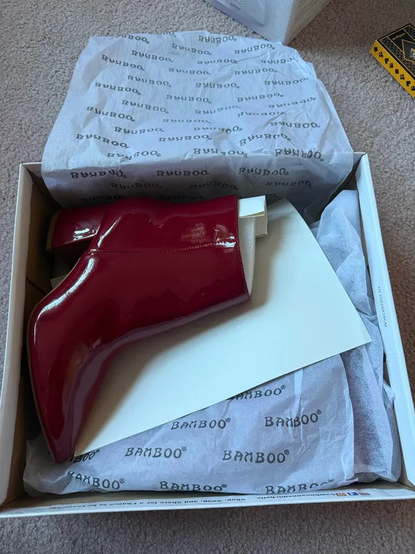 Bamboo Red Faux Leather Chunky Heel Boot - Image 2