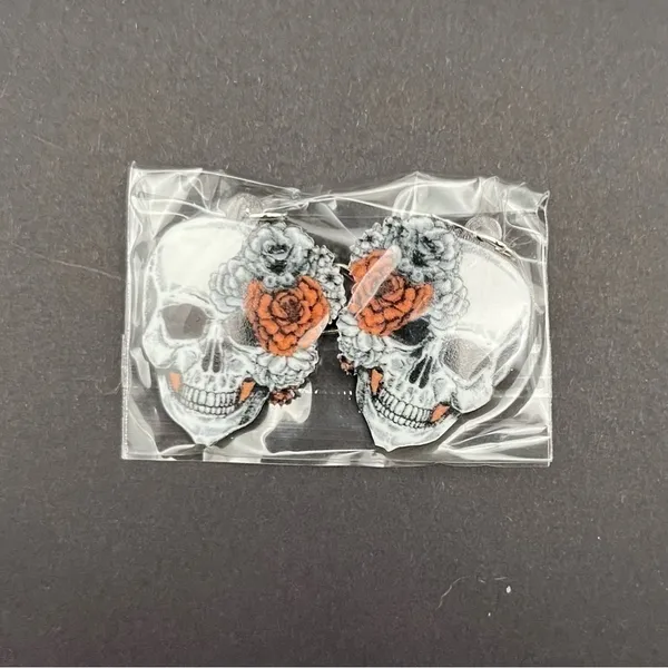 Skull Rose Flower Earrings Gray - Image 5