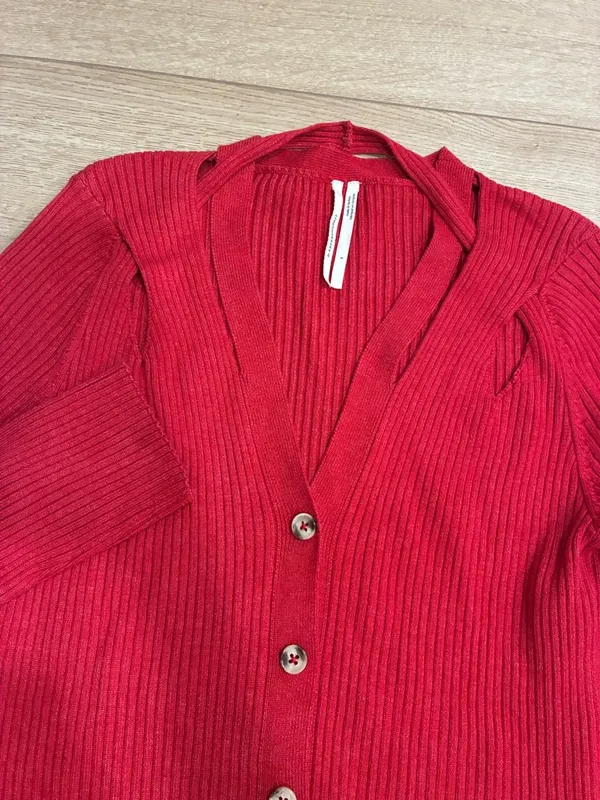 By Anthropologie Women’s V-neck Strappy Cardigan Sweater Red Ribbed Size S - Image 2