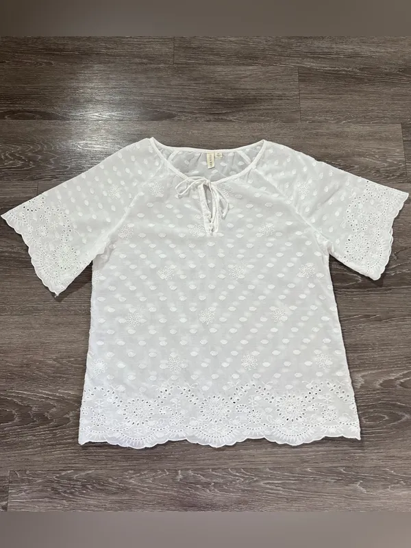 Studio West 100% Cotton Eyelet Swiss Dot Boho Peasant Blouse M White - Image 2