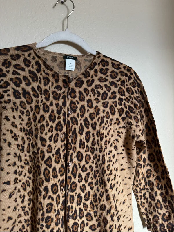 Vintage J. Crew Wool Knit Leopard Print Button-Front Cardigan Sz M Brown - Image 2